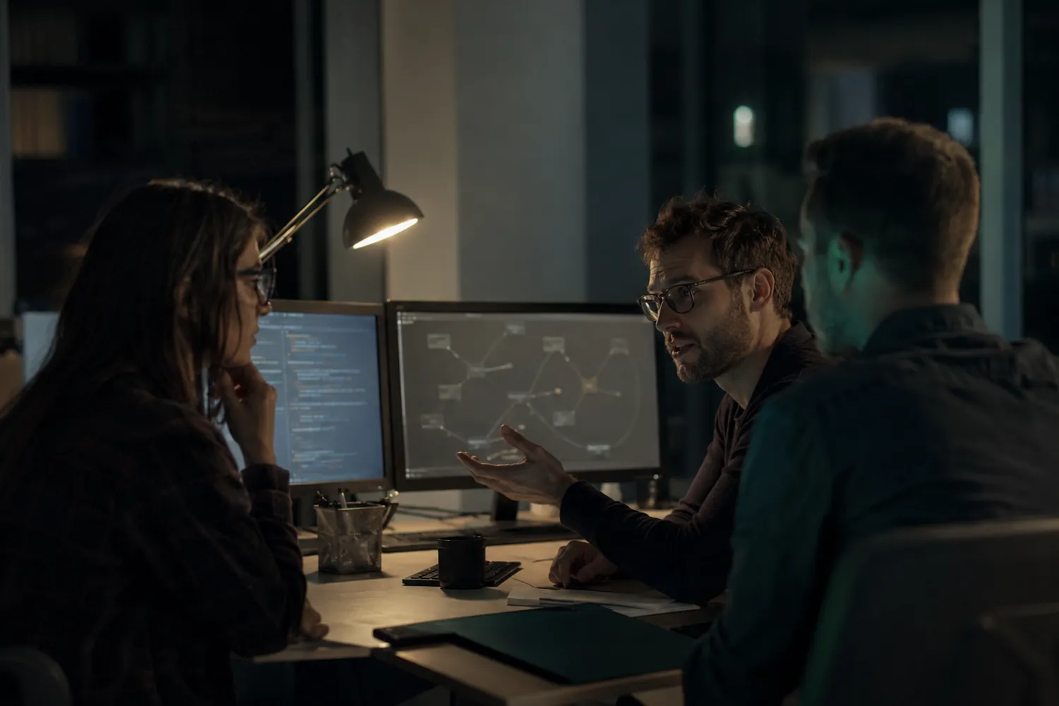 The Artan team reviewing a network diagram together late in the evening
